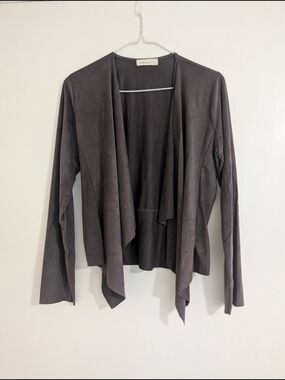 Millibon Faux Suede Draped Open Front Jacket Cardigan Boho Chic Minimalist